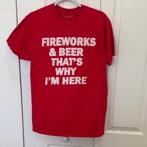 Red Graphic Tee with 'Fireworks & Beer' Slogan